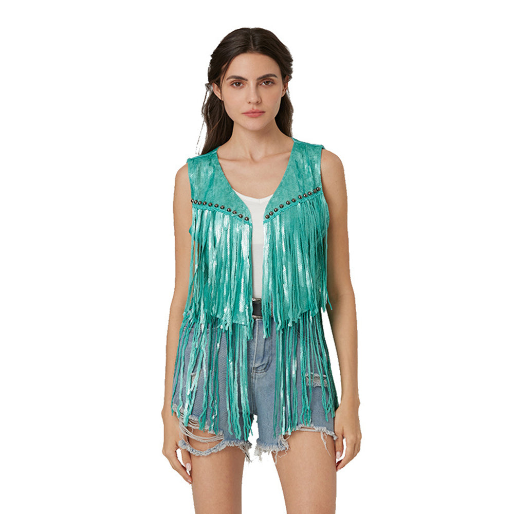 Gilet senza maniche Gilet con paillettes Cardigan stile cowboy western Gilet di jeans donna