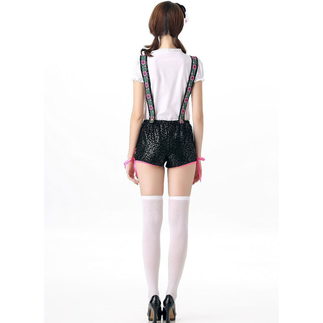 Costume da donna in pelle scamosciata Lederhosen nero per Oktoberfest, vestito da cameriera tedesca per Halloween