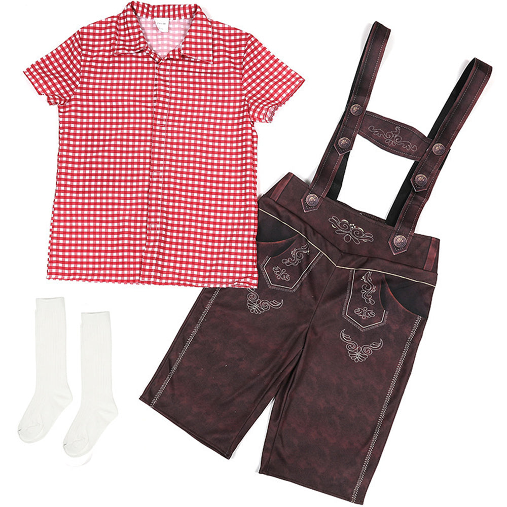 Costume da ragazzo per Oktoberfest con salopette, camicia a quadri e calzini per Halloween