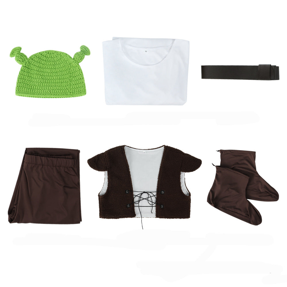 Costume da uomo cosplay mostro verde Shrek Halloween completo con gilet in pile e completo