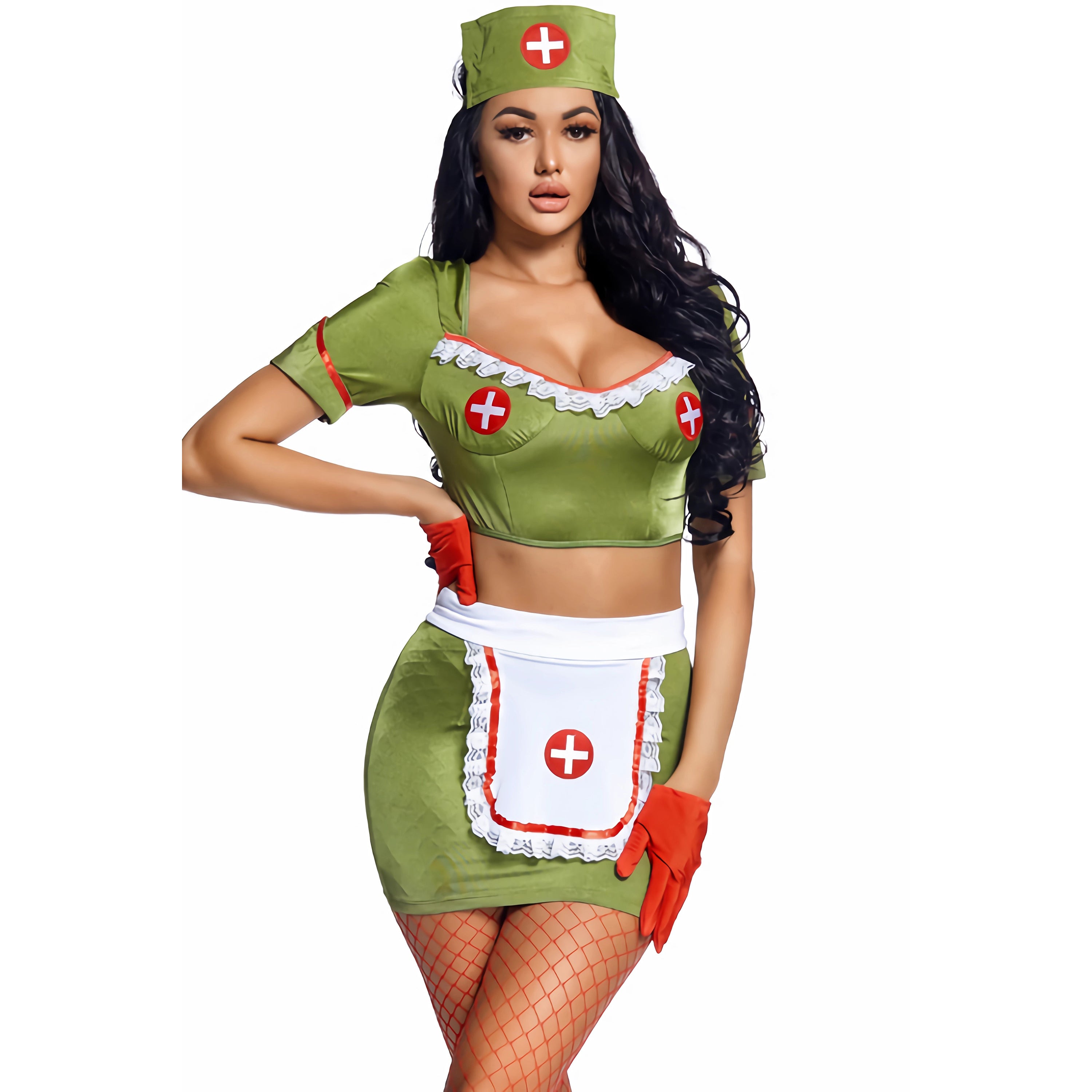 Costume da infermiera verde senza schienale per gioco di ruolo cosplay da donna