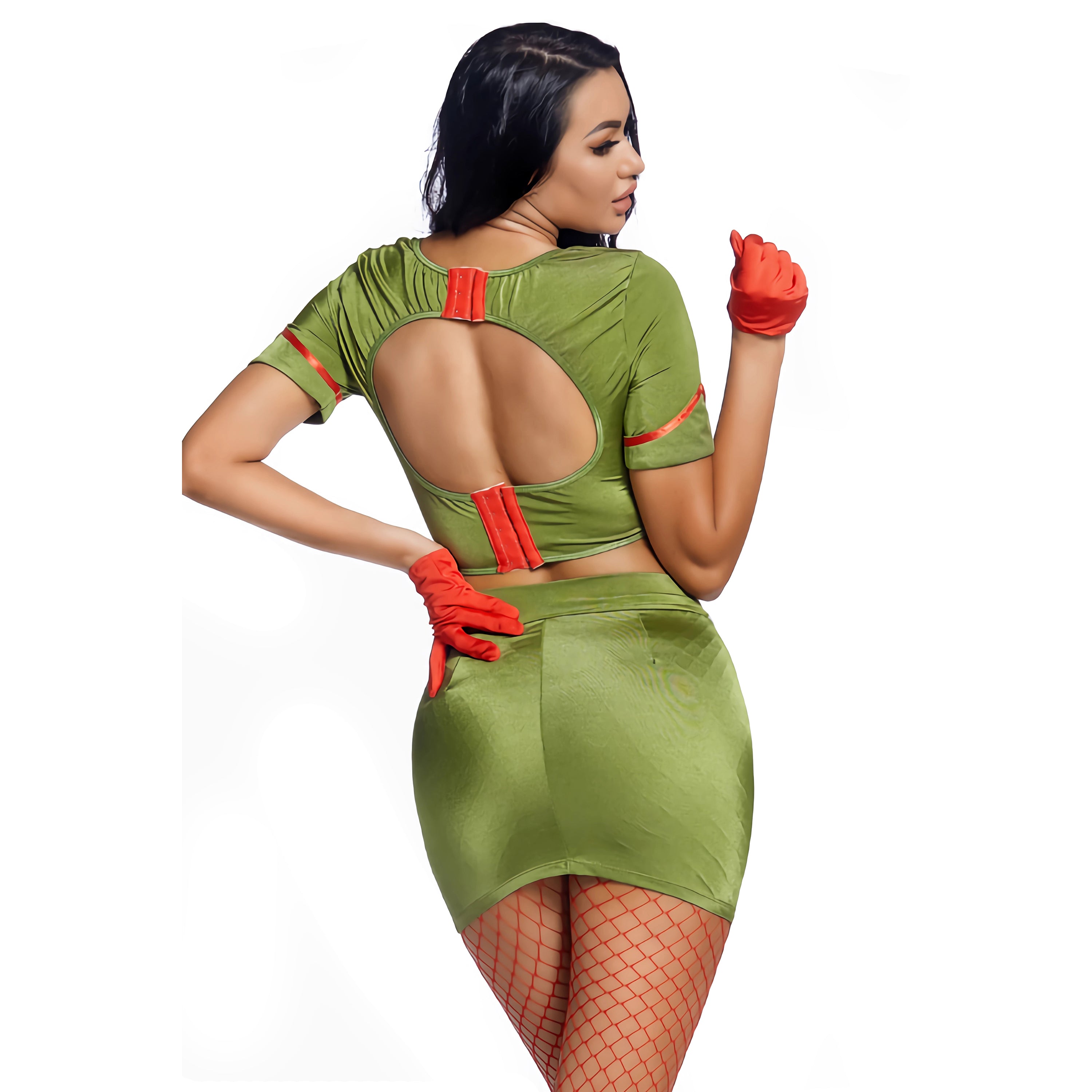 Costume da infermiera verde senza schienale per gioco di ruolo cosplay da donna
