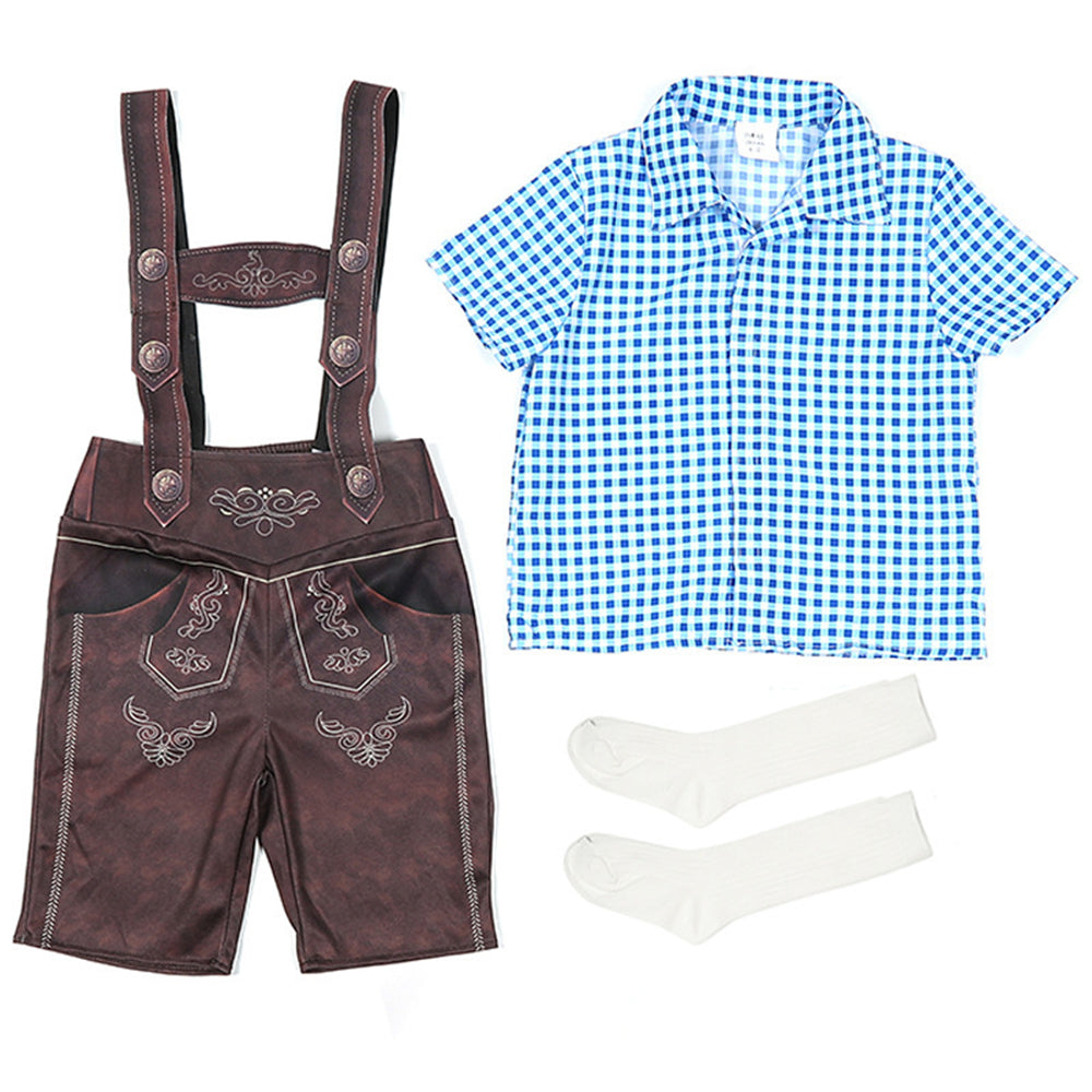 Costume da ragazzo per Oktoberfest con salopette, camicia a quadri e calzini per Halloween