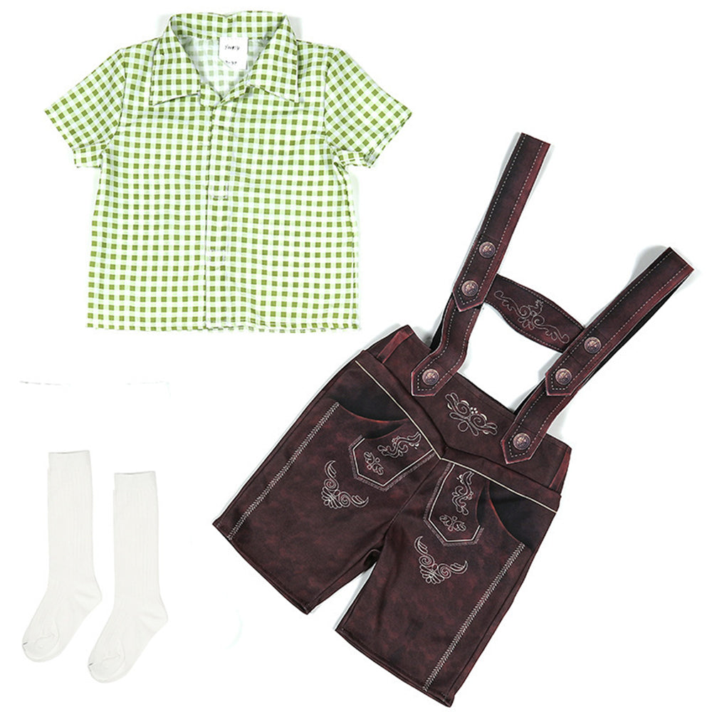 Costume da ragazzo per Oktoberfest con salopette, camicia a quadri e calzini per Halloween