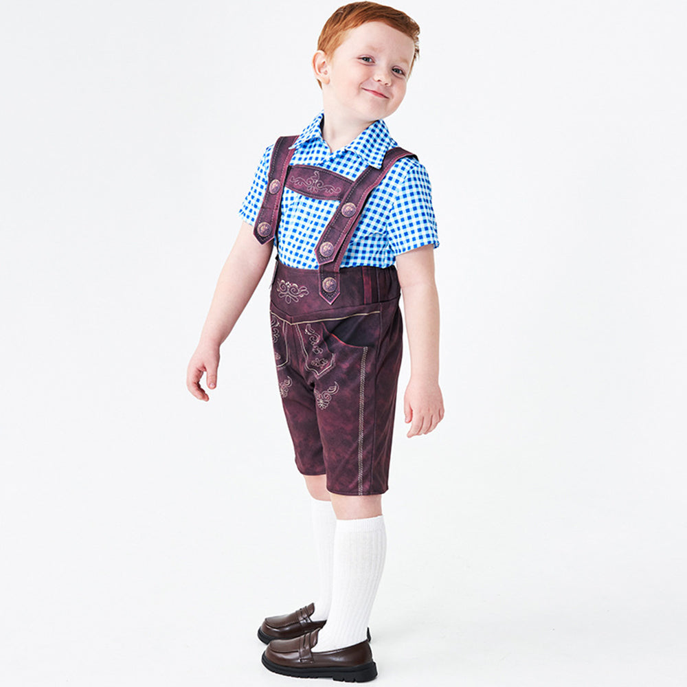 Costume da ragazzo per Oktoberfest con salopette, camicia a quadri e calzini per Halloween