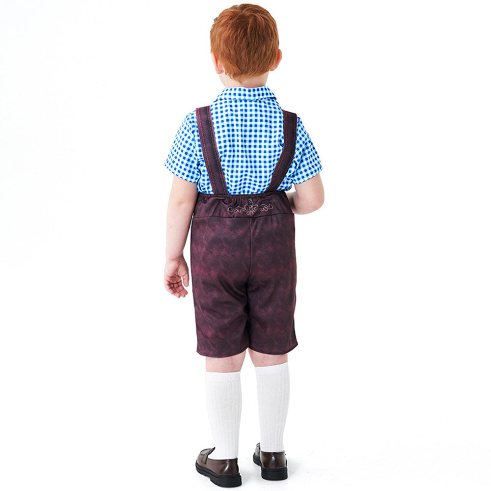 Costume da ragazzo per Oktoberfest con salopette, camicia a quadri e calzini per Halloween
