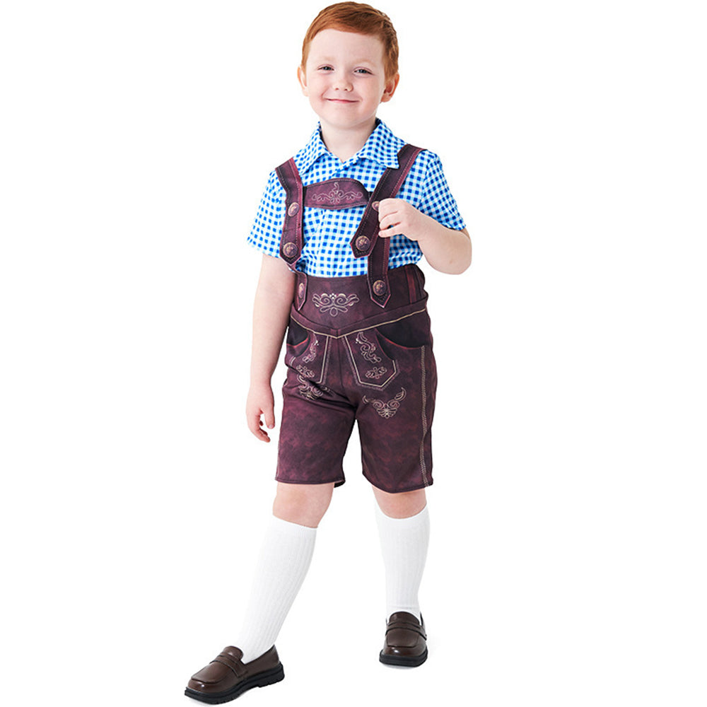 Costume da ragazzo per Oktoberfest con salopette, camicia a quadri e calzini per Halloween