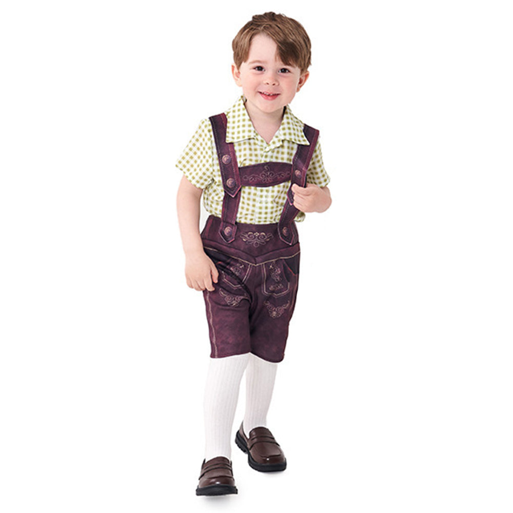 Costume da ragazzo per Oktoberfest con salopette, camicia a quadri e calzini per Halloween
