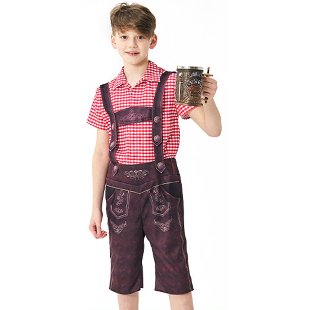 Costume da ragazzo per Oktoberfest con salopette, camicia a quadri e calzini per Halloween