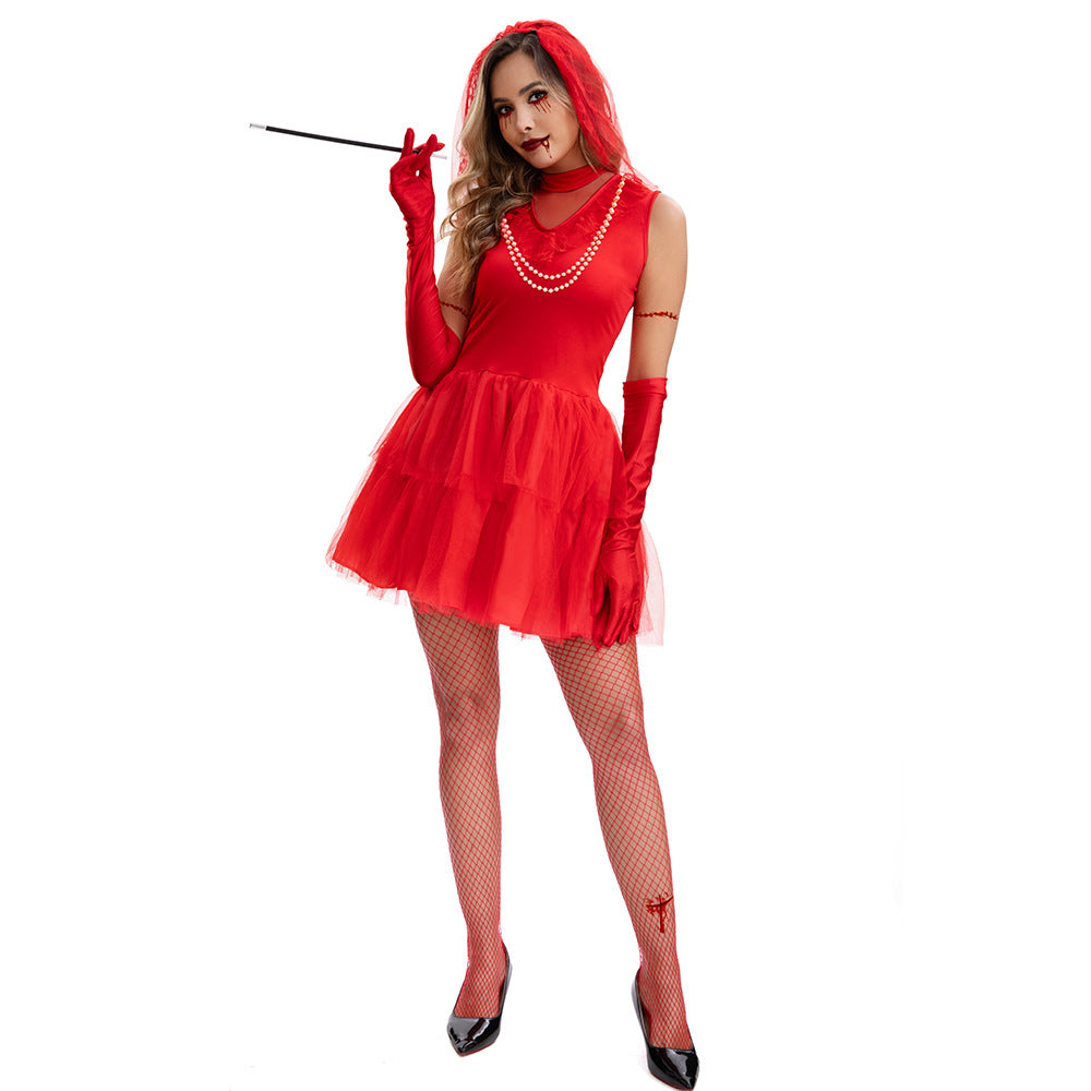 Red Ghost Corpse Bride Costume Red Wedding Dress Halloween