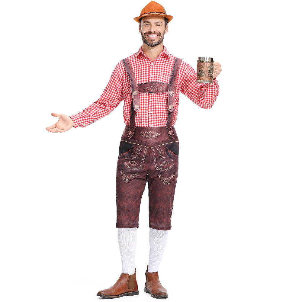 Salopette da uomo bavarese Lederhosen per Oktoberfest con camicia a quadri costume