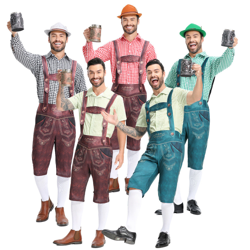 Salopette da uomo bavarese Lederhosen per Oktoberfest con camicia a quadri costume