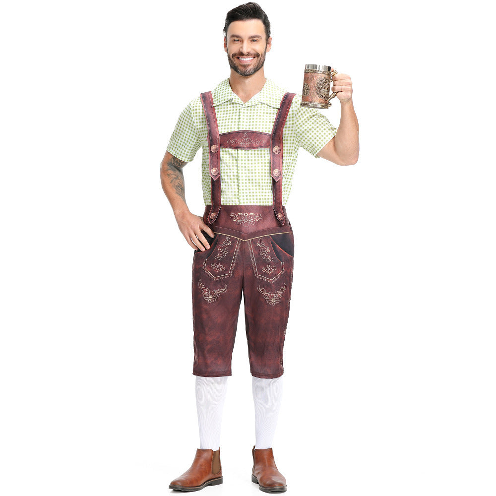 Salopette da uomo bavarese Lederhosen per Oktoberfest con camicia a quadri costume