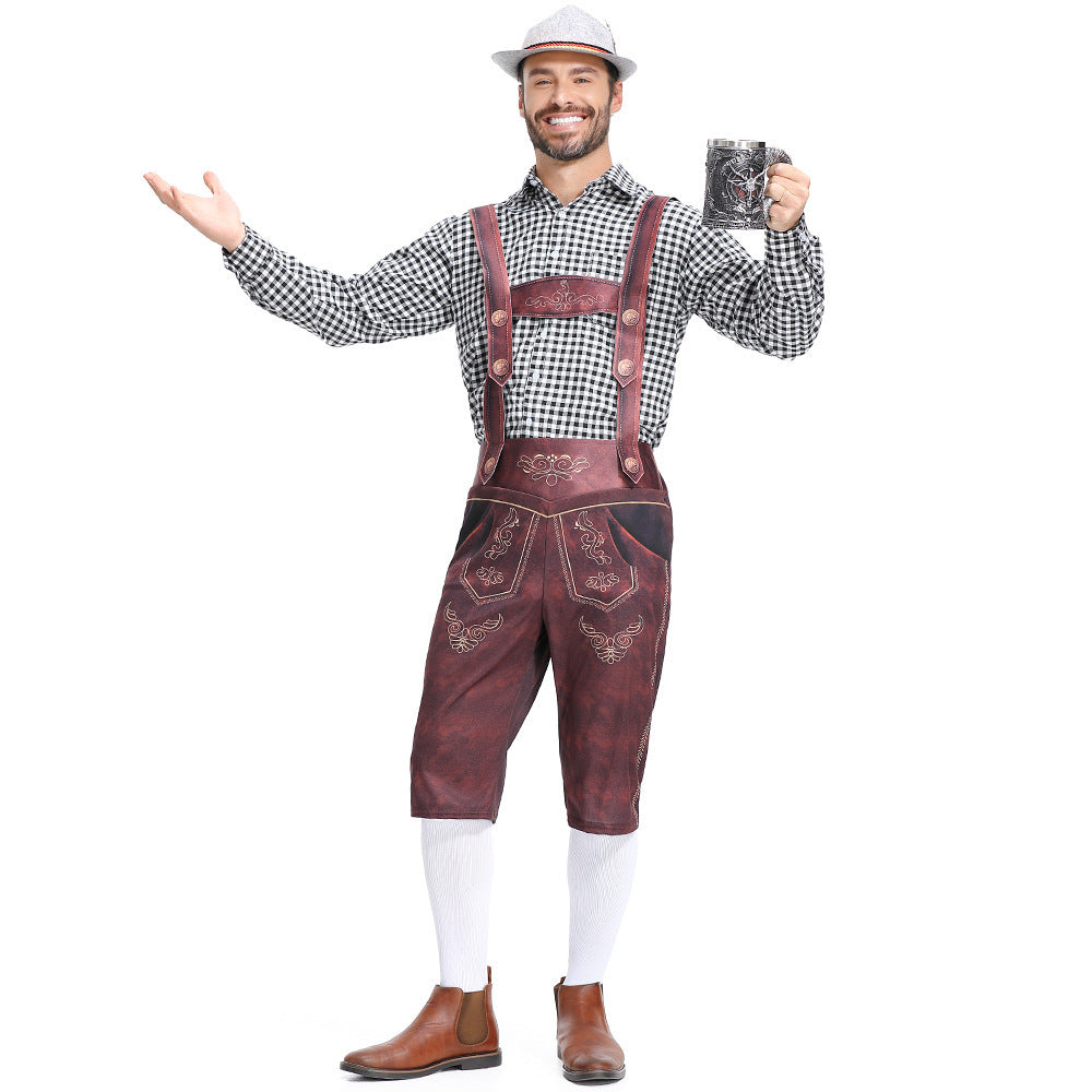 Salopette da uomo bavarese Lederhosen per Oktoberfest con camicia a quadri costume