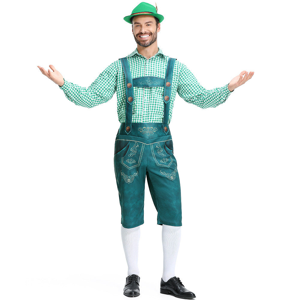Salopette da uomo bavarese Lederhosen per Oktoberfest con camicia a quadri costume