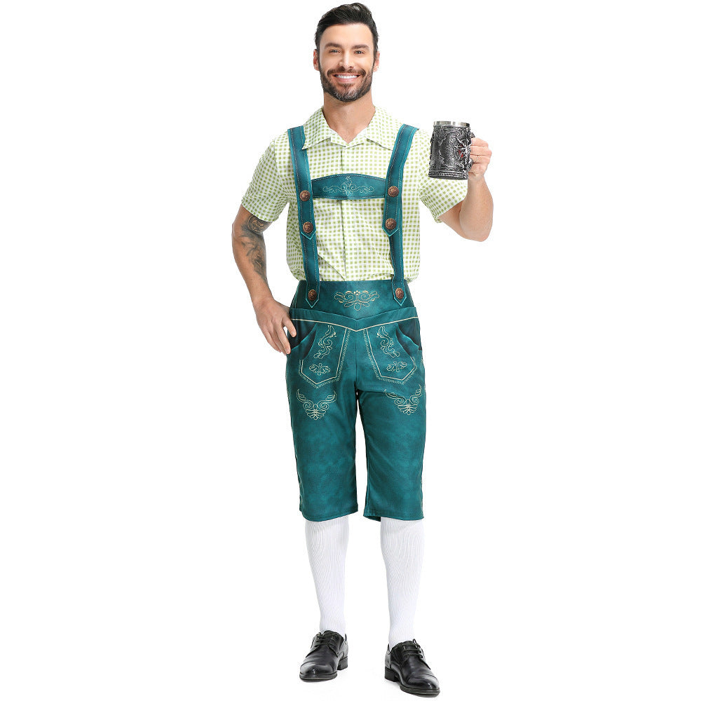 Salopette da uomo bavarese Lederhosen per Oktoberfest con camicia a quadri costume