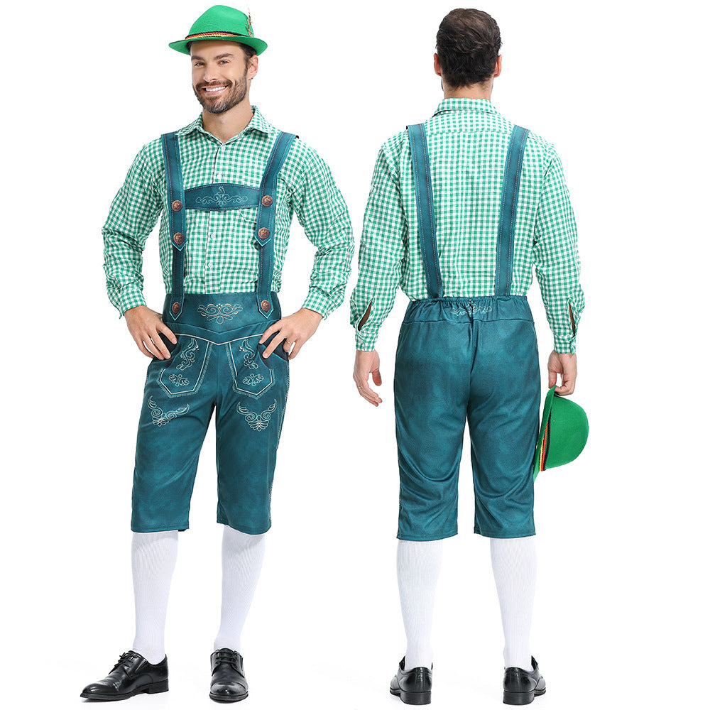 Salopette da uomo bavarese Lederhosen per Oktoberfest con camicia a quadri costume