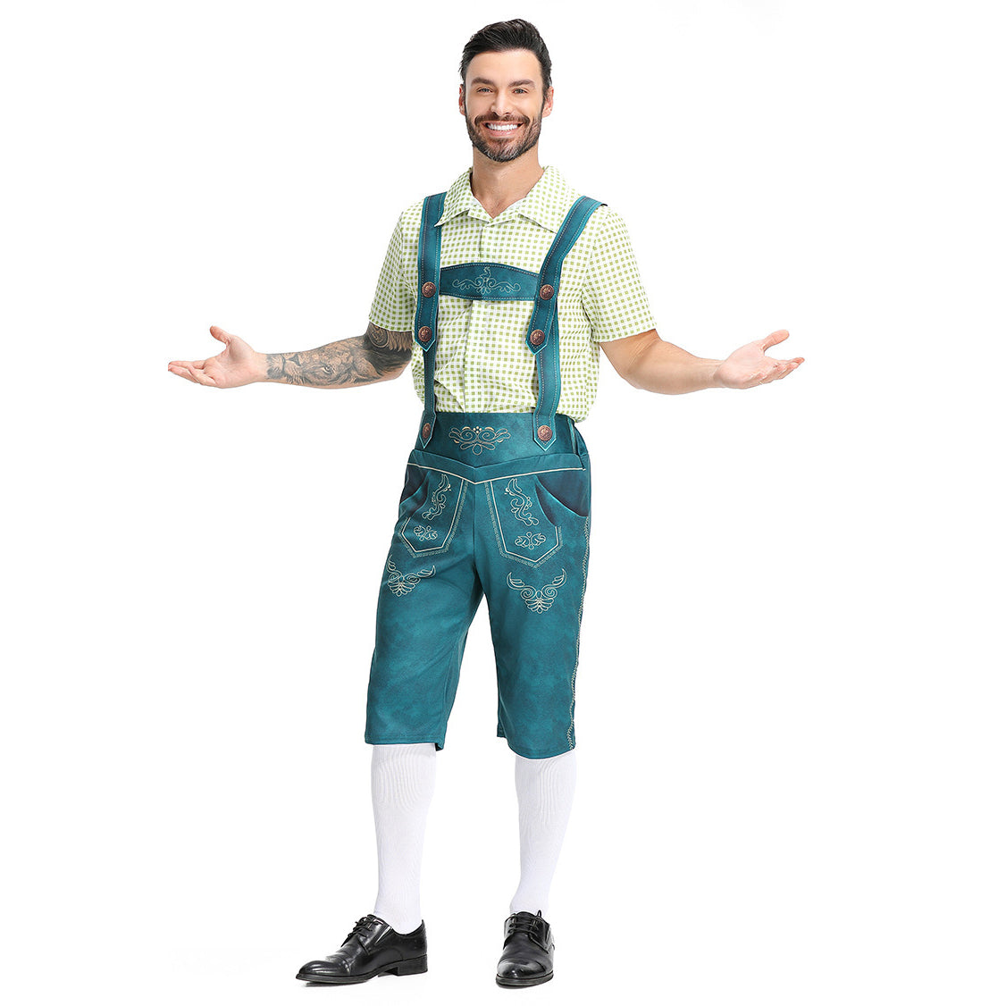 Salopette da uomo bavarese Lederhosen per Oktoberfest con camicia a quadri costume