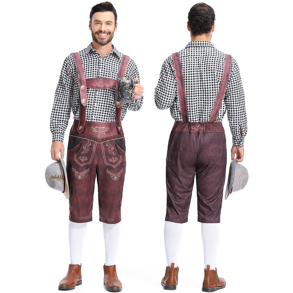 Salopette da uomo bavarese Lederhosen per Oktoberfest con camicia a quadri costume