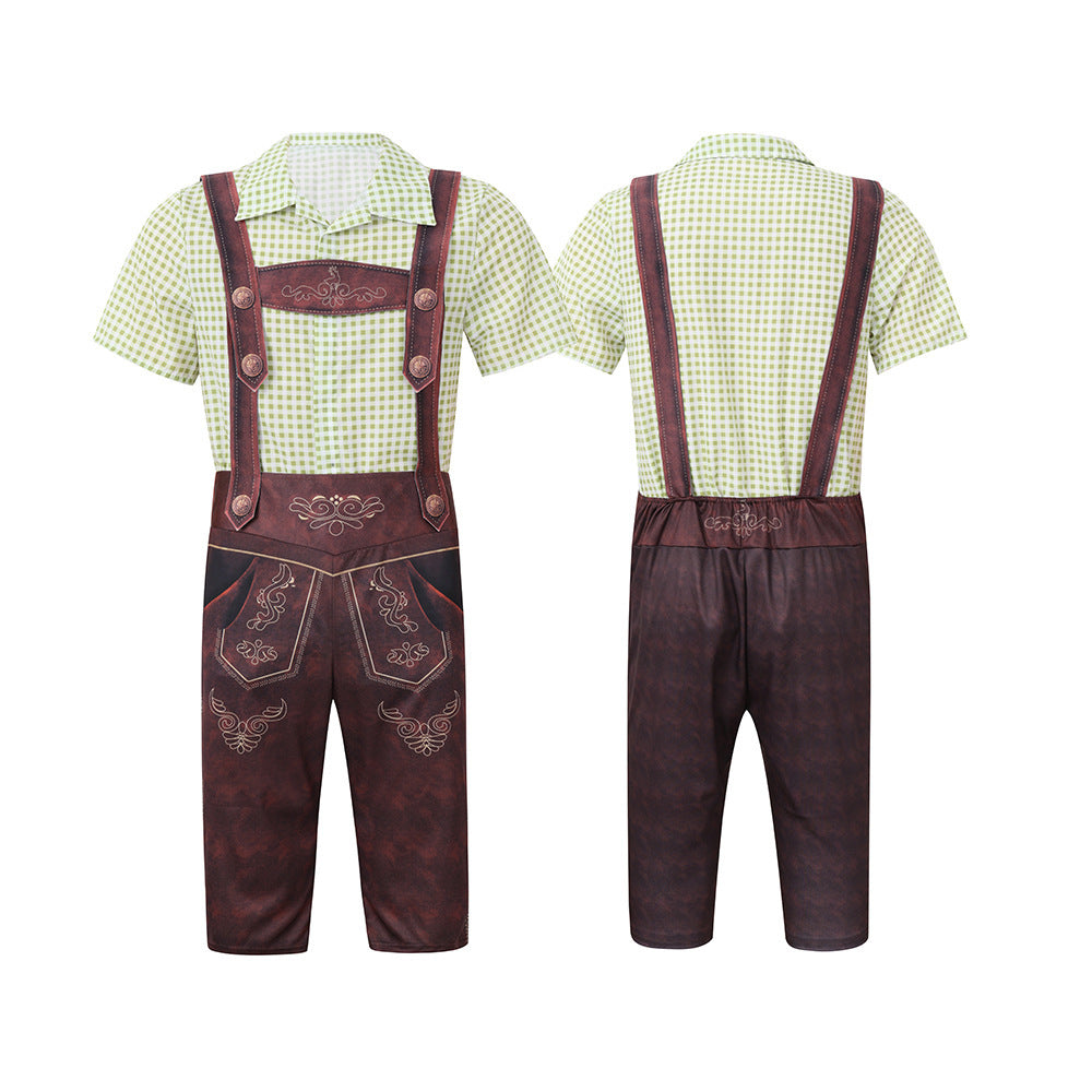 Salopette da uomo bavarese Lederhosen per Oktoberfest con camicia a quadri costume