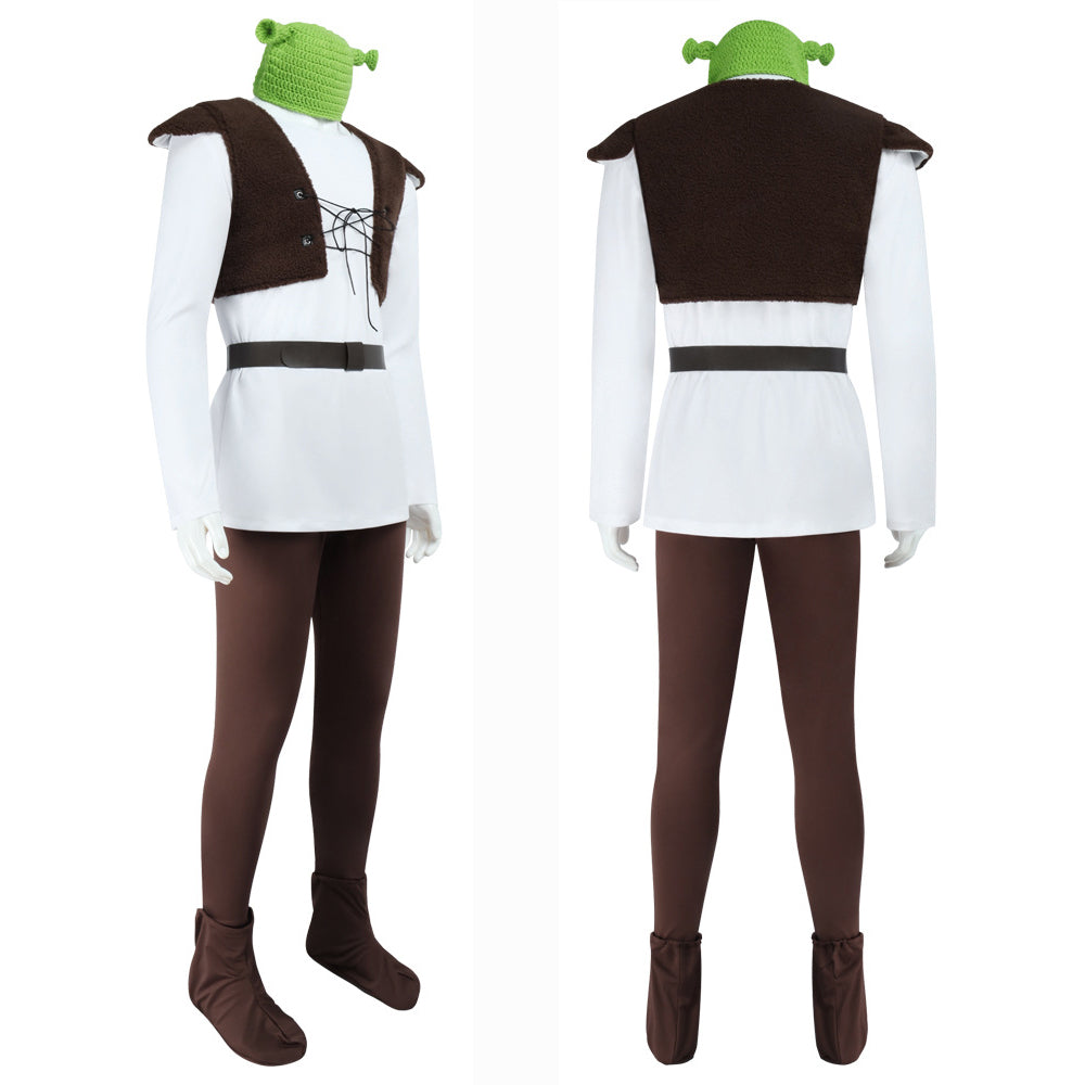 Costume da uomo cosplay mostro verde Shrek Halloween completo con gilet in pile e completo
