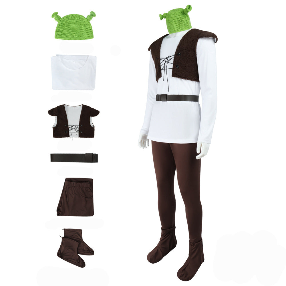 Costume da uomo cosplay mostro verde Shrek Halloween completo con gilet in pile e completo
