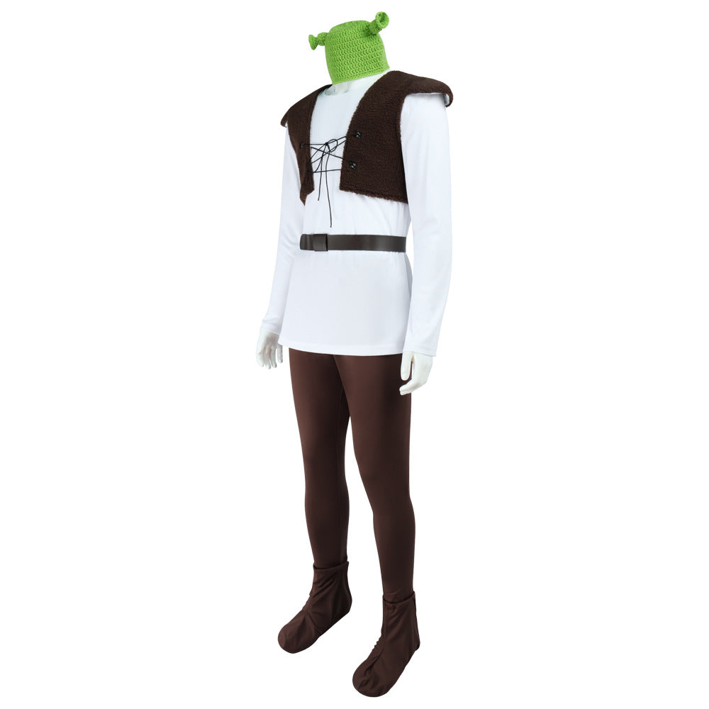Costume da uomo cosplay mostro verde Shrek Halloween completo con gilet in pile e completo
