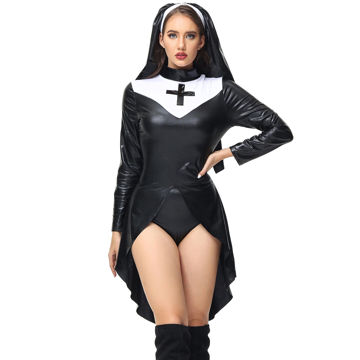 Costume da suora punk in pelle PU per donna Halloween