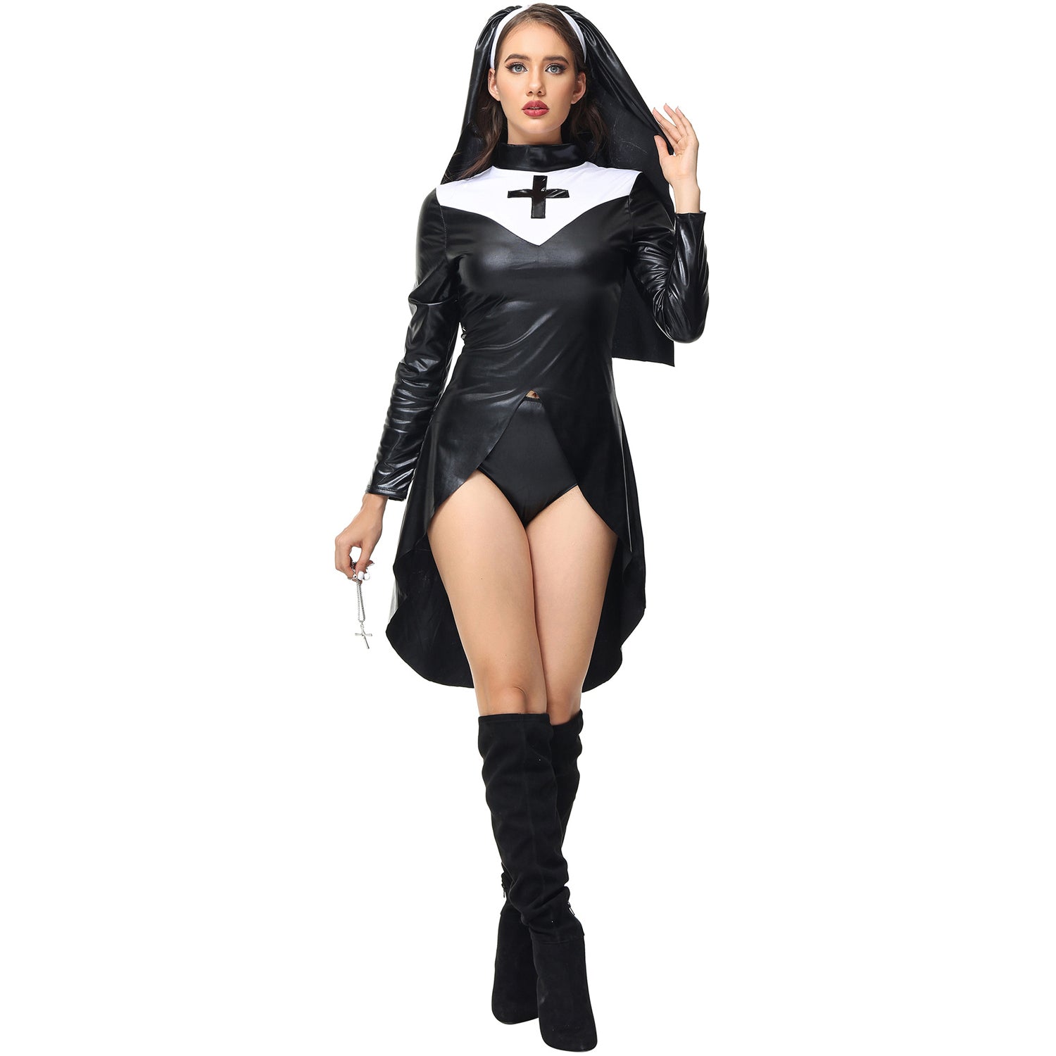 Costume da suora punk in pelle PU per donna Halloween