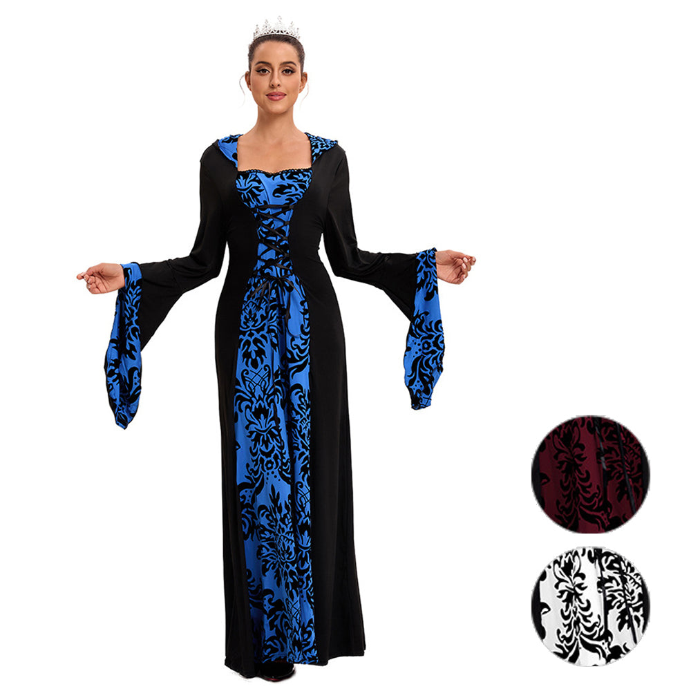 Costume da vestito medievale a dondolo con cappuccio, maniche lunghe stampate in stile retrò