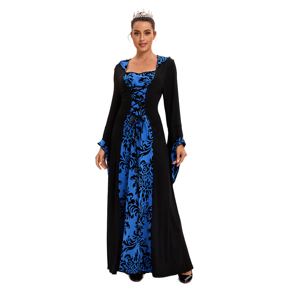 Costume da vestito medievale a dondolo con cappuccio, maniche lunghe stampate in stile retrò