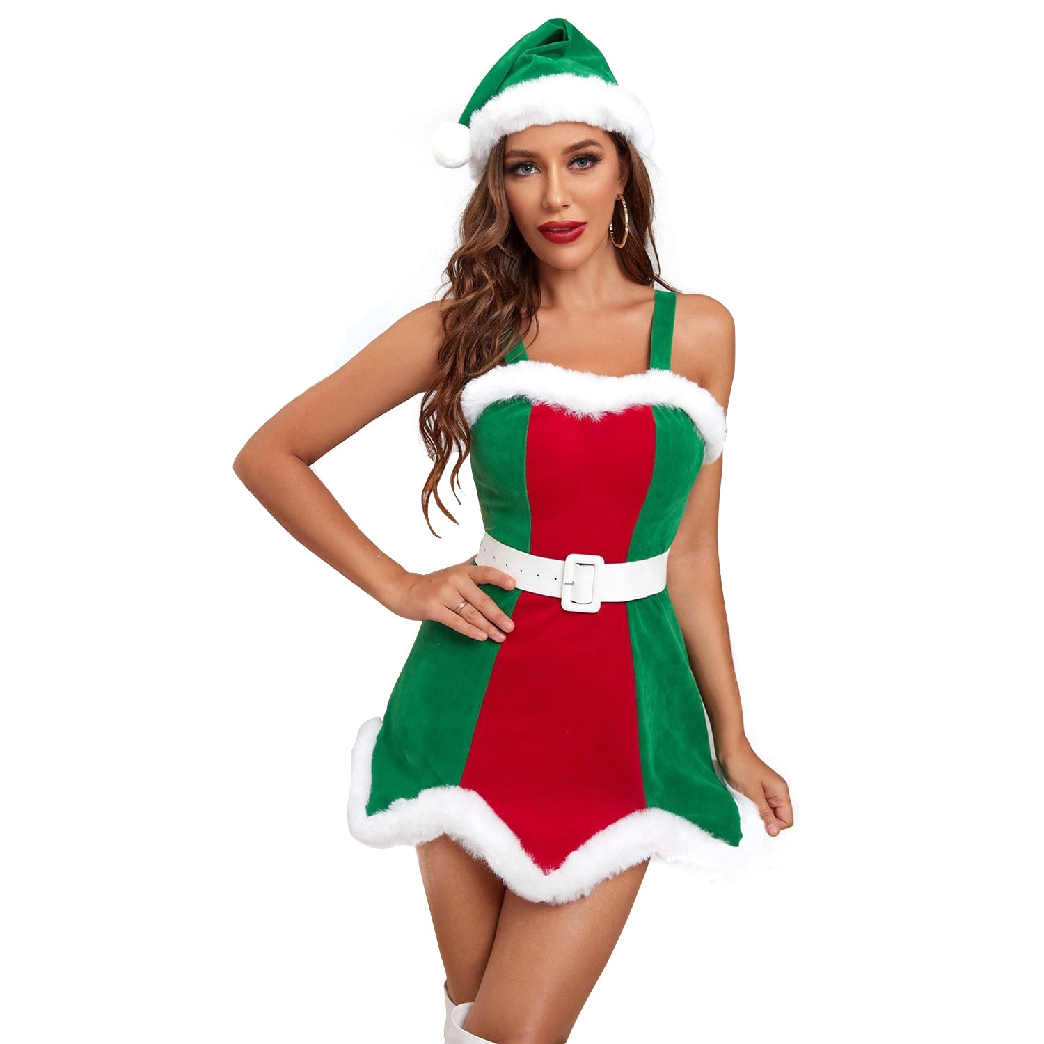 Costume da donna di Babbo Natale verde e rosso Costume da elfo di Natale